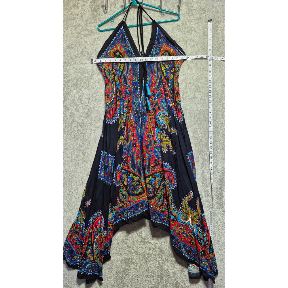 Advance Paisley Halter Handkerchief Hem Boho Dress Black Multi Free Size NEW